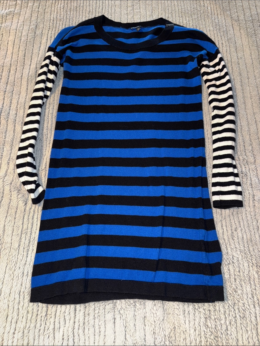 Striped Blue & Black Long-Sleeve Sweater Dress with Contrast Sleeves